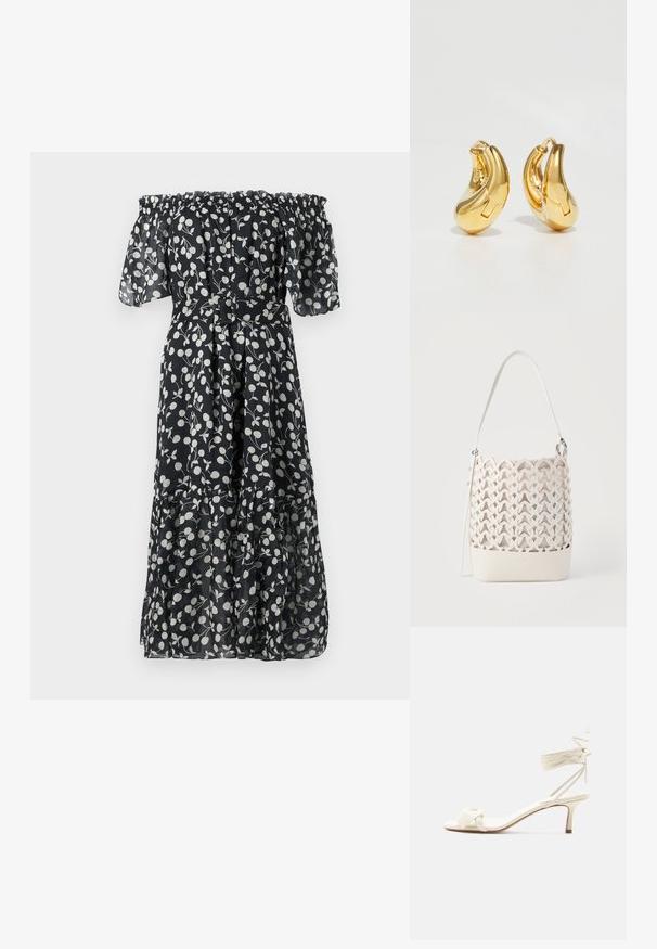Sort off-shoulder kjole med hvidt blomster mønster, korte flæseærmer, indsnævret talje og lagdelt kant. Fremstillet af letvægts, gennemsigtig stof.; Kremfarvet sandal med lave hæle, bindebånd om anklen og en bred snoet rem over tæerne på en ensartet hvid baggrund.; Hvid bucket taske med udskåret spar mønster, glat solid bund og justerbar skulderrem med metalspænde.; Guldringeøreringe med en glat, buet form og poleret overflade. Udstyret med en lukkeanordning og lette fordybninger for detaljer.