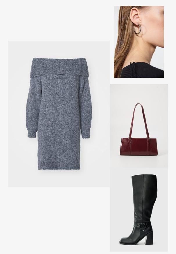Robe tricotée à épaule dégagée en fil grège doux et texturé. Dispose de manches bouffantes et d'une silhouette décontractée.; Bottes en cuir noires arrivant au genou, avec un bout carré, un large talon et une sangle décorative avec des accents métalliques autour de la cheville. Texture lisse.; Sac à main bordeaux en matériau brillant, de forme rectangulaire, avec deux anses et des accents légèrement courbés à l'avant.; Boucle d'oreille en argent avec une finition polie, présentant de petits détails en or et de forme ronde, portée sur le lobe.