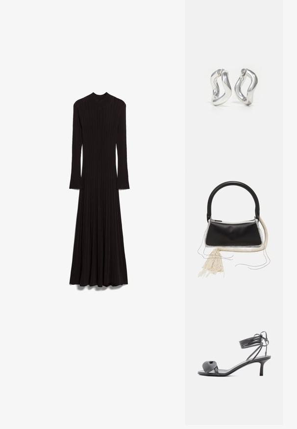 Longue robe noire avec une texture côtelée, un col montant et des manches longues évasées. Présente un corsage ajusté qui se transforme en une jupe fluide.; Sandale à talon en cuir gris avec une bride nouée sur les orteils et des lacets enroulants autour de la cheville, sur un talon moyen et fin, sur fond blanc.; Sac en cuir noir avec une poignée arrondie, fermeture éclair en argent, bordure en fourrure blanche et un long gland crème attaché à l'avant.; Boucles d'oreilles créoles argentées avec un design torsadé. Bords arrondis et finition brillante. Fermoirs ouverts pour un port facile. Texture lisse sur toute la surface.
