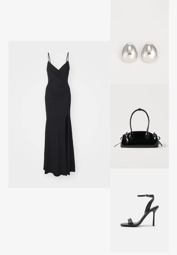 Schwarzes Abendkleid mit schmalen, verstellbaren Trägern, einem V-Ausschnitt, Raffung am Oberteil und einem hochgeschlitzten Saum auf einer Seite. Hergestellt aus elastischem Stoff.; Schwarze High-Heels-Sandalen mit schlankem Knöchelriemen und zwei vorderen Riemen. Aus glattem Leder gefertigt, mit einer eleganten spitzen Zehenform und einem Stiletto-Absatz.; Kleine schwarze glänzende Handtasche mit zwei langen Griffen und seitlichen Kordelzug-Details vor einfachem hellem Hintergrund.; Silberne metalliche Ohrcuffs mit einem glatten, abgerundeten Design, das einer Träne ähnelt, mit einer reflektierenden Oberfläche und nahtlosem Finish.