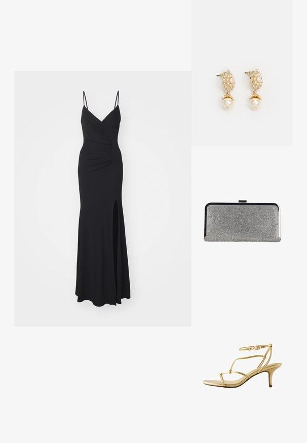 Schwarzes Abendkleid mit schmalen, verstellbaren Trägern, einem V-Ausschnitt, Raffung am Oberteil und einem hochgeschlitzten Saum auf einer Seite. Hergestellt aus elastischem Stoff.; Goldene Riemchensandale mit hohem Absatz, dünnem Knöchelriemen mit Schnalle und schlankem, mittelhohem Absatz vor weißem Hintergrund.; Rechteckige silberne Clutch-Tasche, bedeckt mit kleinen Strasssteinen, mit einem schwarzen und silbernen Metallrahmen und einem Verschluss.; Ohrringe in Goldton mit floralem Design, verziert mit Perlenakzenten und einem größeren Perlenanhänger. Geschmückt mit kleinen, klaren Kristallen.