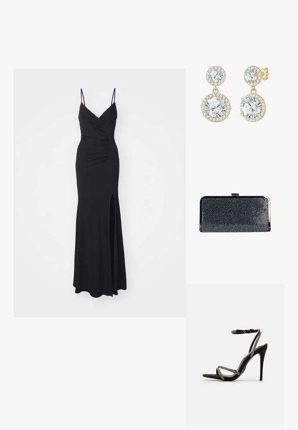 Schwarzes Abendkleid mit schmalen, verstellbaren Trägern, einem V-Ausschnitt, Raffung am Oberteil und einem hochgeschlitzten Saum auf einer Seite. Hergestellt aus elastischem Stoff.; Schwarze High-Heels-Sandalen mit dünnen, mit Schmuck besetzten Riemen und einer Schnalle am Knöchel. Aus Wildleder, offen an den Zehen und mit einer eleganten, spitzen Silhouette.; Rechteckige schwarze Clutch mit kleinen glänzenden Perlen bedeckt, silberner Metallrahmen und Verschluss oben.; Goldfarbene Ohrhänger mit zwei runden Steinen, die von kleineren klaren Kristallen umgeben sind. Sie haben ein poliertes Finish und einen sicheren Verschluss.