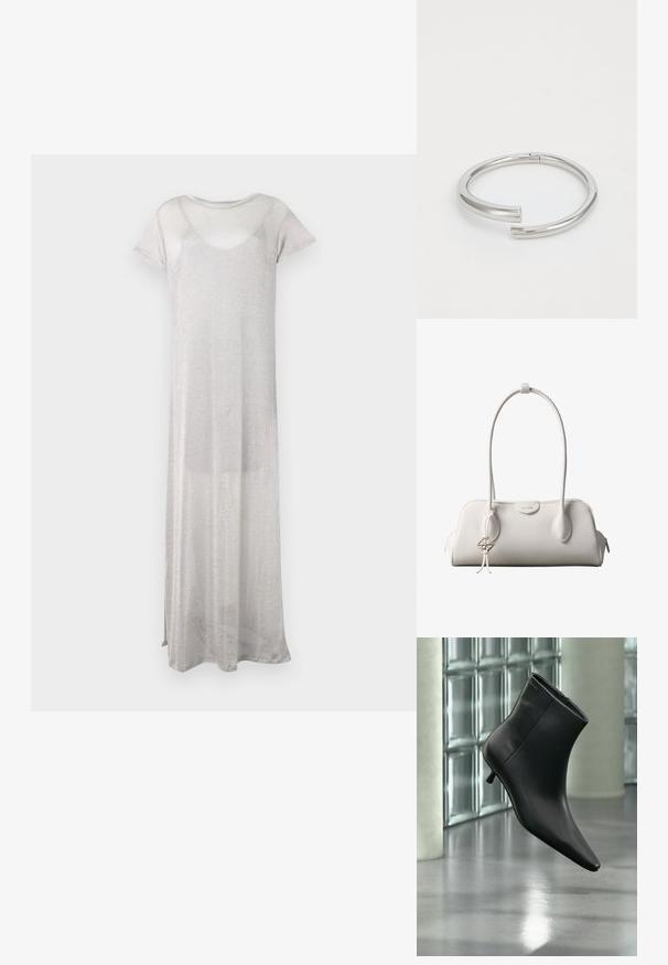 Langes silbernes Kleid aus sheer, leichtem Stoff. Hat kurze Ärmel und einen runden Ausschnitt. Einfaches, fließendes Design ohne Muster.; Schwarzer Leder-Stiefelette mit spitzer Zehenpartie und niedrigem Kitten-Heel, schräg dargestellt vor einem polierten Boden und einer Glasbausteinwand.; Weiße Calvin Klein Schultertasche mit langen Griffen, rechteckiger Form, Reißverschluss und dekorativem Logo-Anhänger, der in der Nähe des Griffs hängt.; Calvin Klein SPIRAL - Armband - silver-coloured