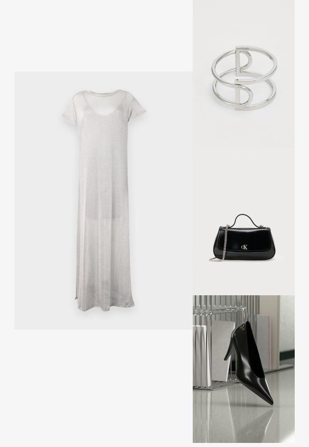 Langes silbernes Kleid aus sheer, leichtem Stoff. Hat kurze Ärmel und einen runden Ausschnitt. Einfaches, fließendes Design ohne Muster.; Schwarzer High-Heel-Schuh mit spitzer Zehe und goldem Logo, auf einer reflektierenden Oberfläche nahe einem verchromten Draht-Organizer mit Dokumenten positioniert.; Schwarze Lederhandtasche mit einer Kettenriemen, strukturierter Form und einem silbernen Logo-Akzent. Glatte Textur mit einem Klappenverschluss.; Silberner Metallarmreif mit einem Doppel-Schleifen-Design, glatter, glänzender Oberfläche und einem minimalistischen geometrischen Akzent.