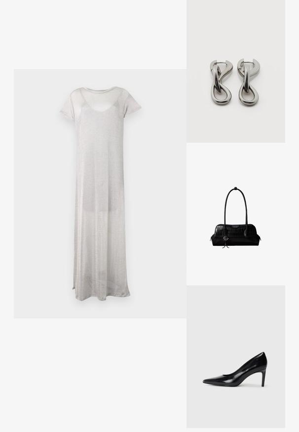 Robe longue en argent faite d'un tissu léger et transparent. Possède des manches courtes et un col arrondi. Design simple et fluide sans motifs.; Chaussure à talon haut en cuir noir avec un bout pointu, texture lisse et un talon effilé. Design minimaliste, sans embellissements supplémentaires.; Sac à épaule en cuir noir à texture crocodile, avec de longues sangles et un petit charm logo argenté sur une sangle.; Paire de boucles d'oreilles en métal argenté avec un motif abstrait d'anneaux entrelacés sur fond blanc.