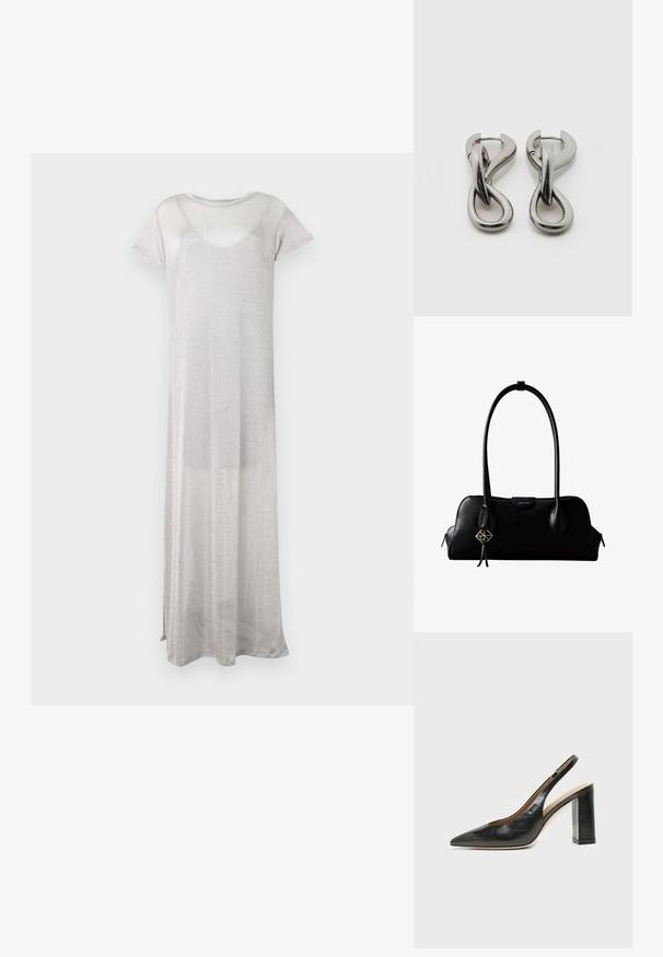 Langes silbernes Kleid aus sheer, leichtem Stoff. Hat kurze Ärmel und einen runden Ausschnitt. Einfaches, fließendes Design ohne Muster.; Schwarzer Leder-Slingback-Schuh mit spitzer Kappe, hohem Blockabsatz und beigegefüttertem Innenraum vor hellem, einfarbigem Hintergrund.; Schwarze Lederhandtasche von Calvin Klein mit langen Henkeln, einem vorderen Logo-Tag und einem silbernen geometrischen Anhänger, der an einem Henkel hängt.; Paar silberfarbene Metallohrringe mit abstraktem ineinandergreifendem Schlaufen-Design auf weißem Hintergrund.