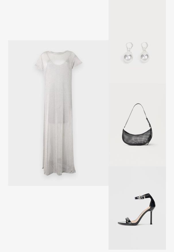 Largo vestido plateado hecho de una tela transparente y ligera. Presenta mangas cortas y un escote redondeado. Diseño simple y fluido sin patrones.; Sandalia de tacón alto en piel sintética negra con correa en el tobillo. Presenta un diseño minimalista, punta abierta y una hebilla con detalles de pedrería.; Pequeño bolso de hombro negro de malla con forma de media luna y correa fina ajustable, sobre un fondo claro y liso.; Pendientes de plata en forma de gota con superficies redondas y reflectantes colgando de cierres de palanca. El fondo es blanco liso.