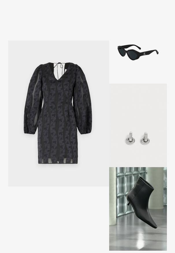 Vestido negro con mangas abullonadas, escote en V y textura con patrón ondulado. Hecho de una tela ligera con detalles transparentes a lo largo de los lados.; Botín negro de cuero con punta puntiaguda y tacón bajo estilo kitten, mostrado en ángulo sobre un suelo pulido y con una pared de bloques de vidrio de fondo.; Gafas de sol negras con forma de ojo de gato, acabado brillante, lentes oscuros y un logo "cK" en la patilla. Diseño angular y montura gruesa.; Par de pequeños pendientes de aro plateados brillantes con base redonda, exhibidos sobre un fondo claro y liso.