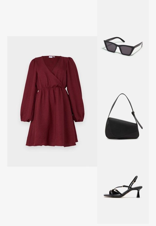 Robe portefeuille bordeaux avec de longues manches bouffantes, taille élastique et tissu légèrement texturé, présentant un décolleté en V profond et une jupe fluide.; Call it Spring DIANAH - Sandales - black; Lunettes noires angulaires avec des verres gris ; fabriquées en plastique, avec des branches épaisses à la surface lisse et sans matériel visible.; Sac à main en cuir noir de forme triangulaire, avec un rabat incliné et une poignée supérieure arrondie. Il présente une texture lisse et des détails de design minimalistes.