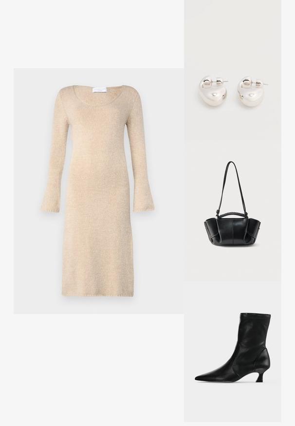 Vestido de punto beige con mangas largas acampanadas, escote redondo y una textura suave; llega justo por encima de la rodilla con bordes acabados.; Bota negra de cuero hasta media pantorrilla con puntera puntiaguda y tacón bajo tipo kitten, vista de lado sobre un fondo claro y liso.; Bolso de mano de cuero negro con una silueta curva, lados reunidos, asa trenzada y una correa larga y delgada sobre un fondo blanco.; Par de pendientes llamativos de aro grueso plateado brillante con cierre de poste sobre un fondo blanco liso.