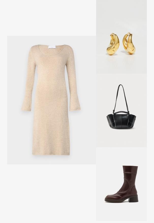 Vestido de punto beige con mangas largas acampanadas, escote redondo y una textura suave; llega justo por encima de la rodilla con bordes acabados.; MIISTA MALENE - Botines - brown; Bolso de mano de cuero negro con una silueta curva, lados reunidos, asa trenzada y una correa larga y delgada sobre un fondo blanco.; Pendientes de aro de oro con forma curva y suave, y acabado pulido. Presentan un mecanismo de cierre y ligeras indentaciones para un toque de detalle.