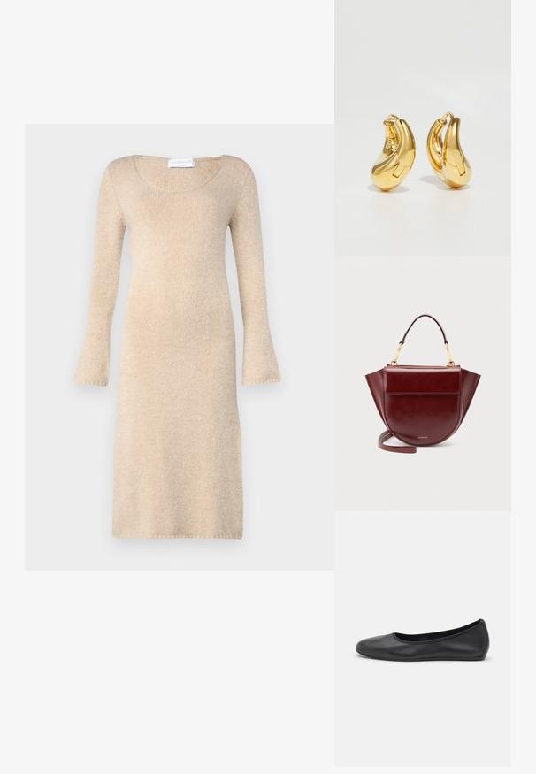 Vestido de punto beige con mangas largas acampanadas, escote redondo y una textura suave; llega justo por encima de la rodilla con bordes acabados.; Bailarina de piel negra con punta redondeada, textura suave, detalle de costura minimalista y diseño de suela flexible.; Bolso de mano de cuero rojo oscuro con asa superior, herrajes dorados, bolsillo delantero con solapa y correa larga, sobre un fondo claro y liso.; Pendientes de aro de oro con forma curva y suave, y acabado pulido. Presentan un mecanismo de cierre y ligeras indentaciones para un toque de detalle.