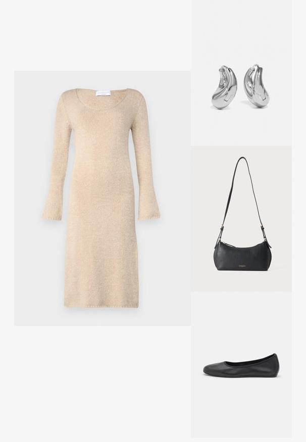 Robe en tricot beige avec de longues manches évasées, un col rond et une texture douce ; tombe juste au-dessus du genou avec des bords finis.; Ballerines en cuir noir avec un bout rond, texture lisse, détails de couture minimalistes et design de semelle flexible.; Petit sac à épaule en cuir noir avec sangle réglable et fermeture éclair dorée, avec un texte de marque doré discret sur le devant.; Boucles d'oreilles en argent en forme de créoles avec une finition incurvée et brillante, et un design sans couture. Équipées d'une fermeture à charnière pour un port sécurisé.