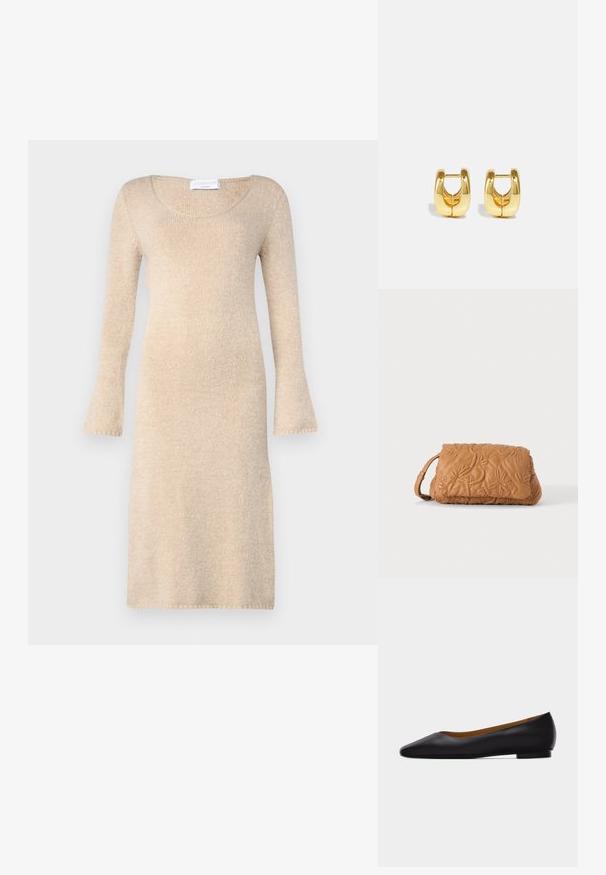 Beiges gestricktes Kleid mit langen, ausgestellt geschnittenen Ärmeln, runder Ausschnitt und weicher Textur; endet knapp über dem Knie mit sauberen Abschlüssen.; Schwarzer flacher Schuh aus Leder mit spitz zulaufender Vorderkappe, niedrigem Absatz und glatter Oberfläche, von der Seite vor einem hellgrauen Hintergrund dargestellt.; Beige gesteppte Leder-Clutch mit Blumenstickerei und kleinem Handgelenksriemen vor einem einfarbigen weißen Hintergrund.; Goldene Creolen mit einem schlanken, abgerundeten Design. Sie verfügen über eine hohle Mitte und eine glänzende Oberfläche, die moderne Stile ergänzen.