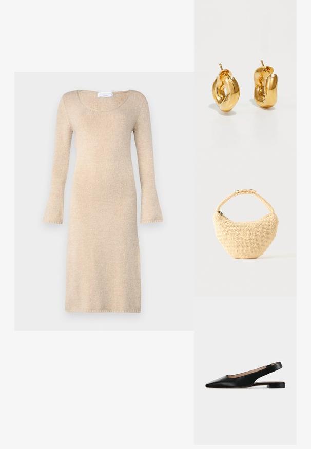 Vestido de punto beige con mangas largas acampanadas, escote redondo y una textura suave; llega justo por encima de la rodilla con bordes acabados.; Zapato plano de cuero negro con tira trasera, puntera puntiaguda y tacón cuadrado bajo sobre fondo blanco.; Bolso tejido beige con cuerpo redondeado, cierre de cremallera y una correa corta y gruesa en un estilo de crochet simple y texturizado.; Pendientes de aro grueso en oro con un diseño tubular ligeramente retorcido y cierre de presión, sobre un fondo blanco.