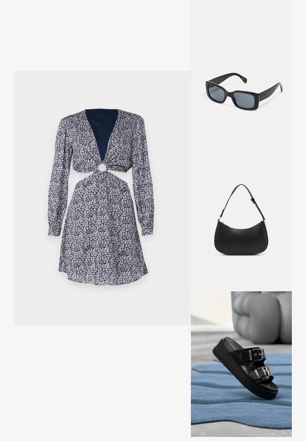 Vestido floral con mangas largas, escote en V profundo, detalle de nudo en la cintura con un acento circular. Fondo azul marino con flores rosas y blancas.; Sandalia negra con dos hebillas plateadas, suela con plataforma, colocada sobre una alfombra azul texturizada con muebles beige desenfocados en el fondo.; Gafas de sol rectangulares negras con lentes oscuros, montura de plástico grueso y patillas anchas. Superficie lisa y diseño anguloso.; Pieces PCALUANA SHOULDER BAG - Bolso de mano - black