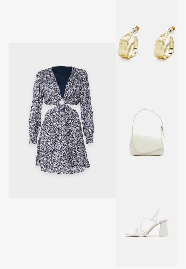 Vestido floral con mangas largas, escote en V profundo, detalle de nudo en la cintura con un acento circular. Fondo azul marino con flores rosas y blancas.; Sandalias de tacón blanco con cintas delgadas, punta cuadrada y tacón bloque grueso, con una textura suave y un diseño minimalista.; Bolso de mano de imitación cuero blanco con una forma triangular estructurada, correa ajustable única y cierre con solapa acentuada en curva.; Pendientes en tono dorado con forma de manos abstractas, que presentan una superficie brillante, detalles intrincados y un poste de plata y oro para un ajuste seguro.
