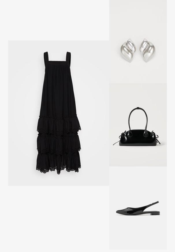 Schwarzes, ärmelloses Kleid mit rechteckigem Ausschnitt, gestuften Rüschen und Lochstickerei am Saum. Weicher Stoff.; Schwarze lackleder Slingbacks mit spitzem Fuß und niedrigem Blockabsatz. Glatte Textur, minimalistisches Design, offener Fersenbereich und schlanke Silhouette.; Kleine schwarze glänzende Handtasche mit zwei langen Griffen und seitlichen Kordelzug-Details vor einfachem hellem Hintergrund.; Silberne Ohrringe mit einer organischen, abstrakten Form. Glatte, glänzende Oberfläche mit einem konischen Design. Mit dezenten Kurven und einem zentralen Linienelement.