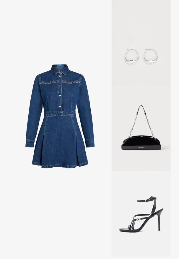 Tmavo modré denim šaty s golierom, patentkami a dekoračnými cvokmi. Majú dlhé rukávy a rozšírenú sukňu s plisovaním.; Čierna sandále na vysokom podpätku s tenkými remienkami, prackou na členku a kovovým logom na bočnom remienku, na bielom pozadí.; Čierna lesklá kabelka so strieborným reťazovým remienkom a malým logom KARL LAGERFELD na prednej strane, na jednoduchom svetlom pozadí.; Strieborné kruhové náušnice s lesklým povrchom a značkou DKNY, vystavené na rovnom bielom pozadí.