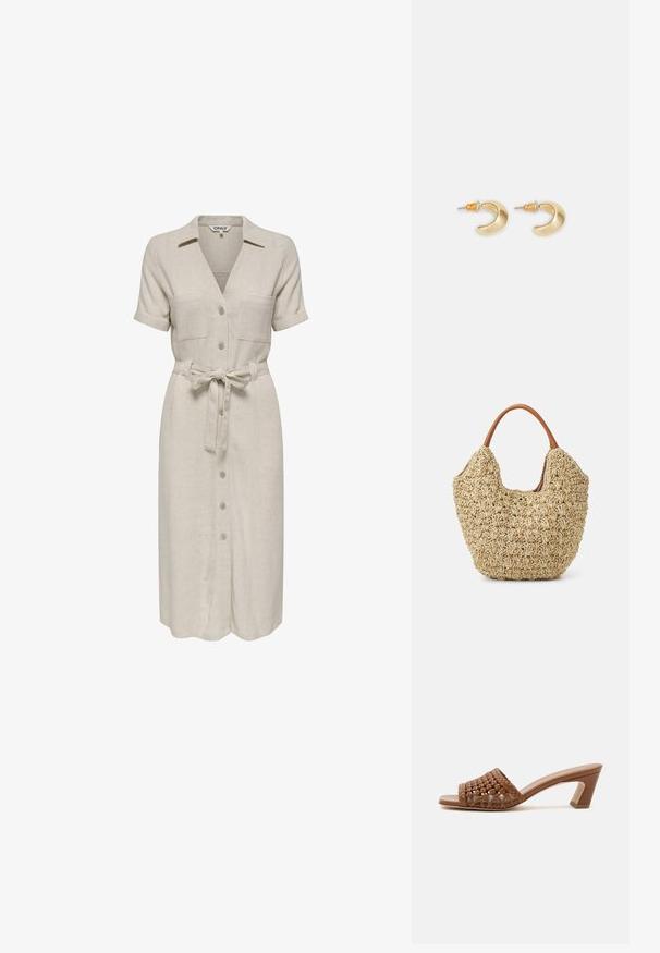 Beige linnen jurk met een kraaghalslijn, korte mouwen, twee borstzakken, een tailleband en een knoopsluiting aan de voorkant.; Bruine gevlochten mule met open teen, blokhak en slip-on ontwerp op een effen witte achtergrond.; Geweven rieten tas met een natuurlijke textuur en een zachte, organische vorm, met bruine leren handvatten voor eenvoudig dragen.; Gouden halvmaanvormige oorbellen met een gladde afwerking, voorzien van oranje accenten bij de stekker en zilveren hardware.