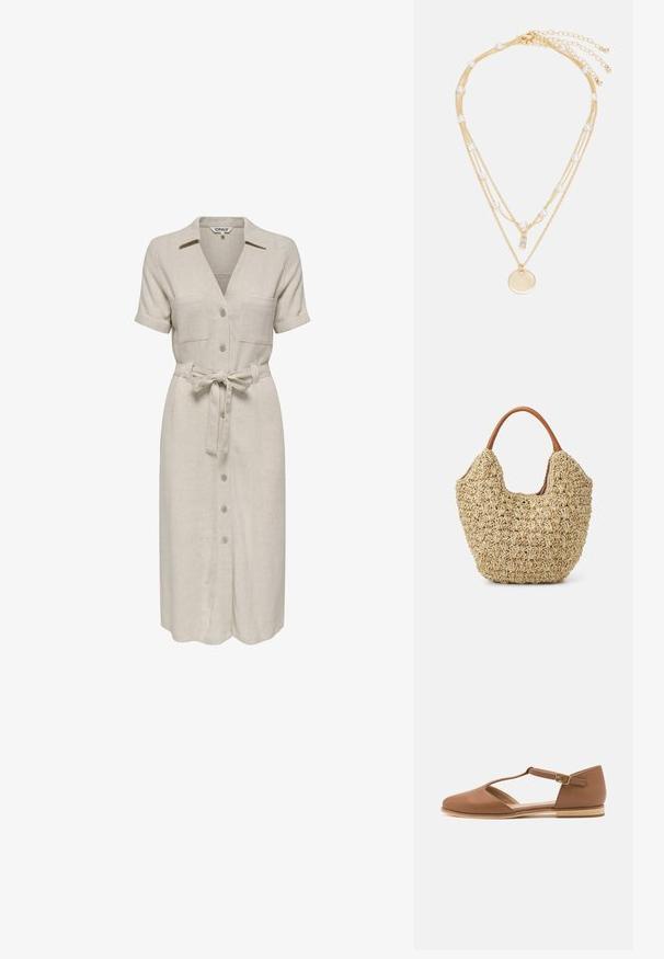 Beige linnen jurk met een kraaghalslijn, korte mouwen, twee borstzakken, een tailleband en een knoopsluiting aan de voorkant.; Bruine leren platte schoen met een uitsnijd ontwerp, enkelbandje en een lichte houten zool. Beschikt over een ronde neus en een gladde textuur.; Geweven rieten tas met een natuurlijke textuur en een zachte, organische vorm, met bruine leren handvatten voor eenvoudig dragen.; Goudkleurige gelaagde ketting met meerdere schakels, parels, een rechthoekige hanger en een ronde charm. Gelaagd met verschillende texturen en materialen.