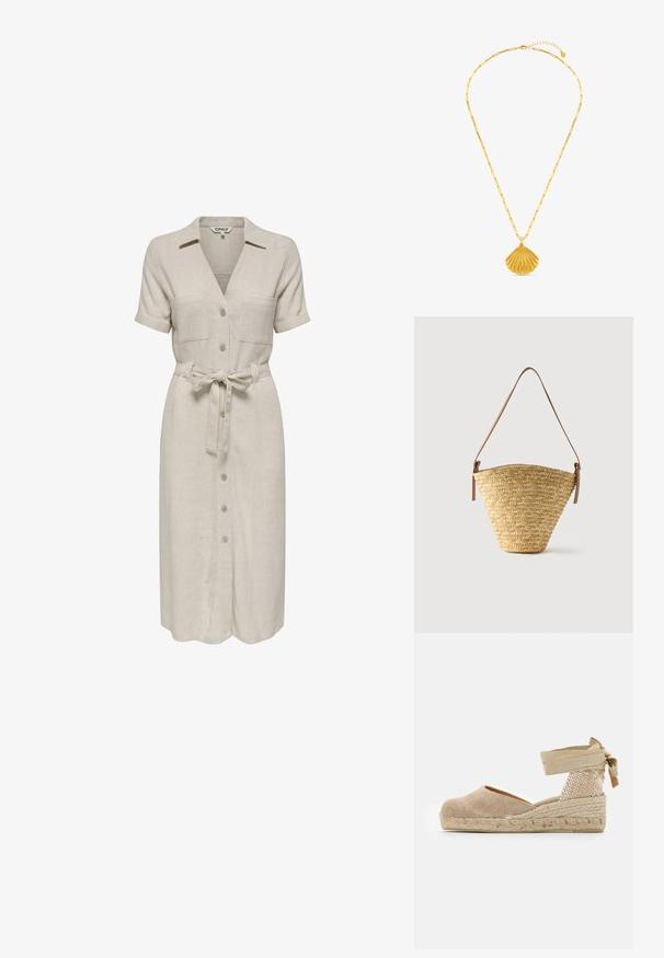 Beige linnedragt med krave, kortærmer, to brystlommer, bælte i taljen og knaplukning foran.; Beige espadrille med en overdækning af lærred, tekstureret vævet hæl og flettet jutesål; har en bundet ankelrem for en sikker pasform.; Flettet stråtaske med bred bund, smal top og justerbar brun læder skulderrem.; Guld kædehalskæde med en tekstureret guldskalsvedhæng og justerbar længdeklemme på hvid baggrund.