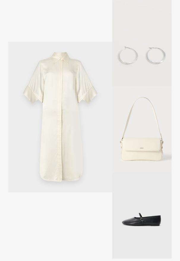 Ivory silk shirt dress with a classic collar, short wide sleeves, and a front button closure, featuring a smooth, glossy texture.; Mustat nahkakengät, joissa on kärki terävä, litteä pohja ja pieni hihna, jossa on hopeinen solki.; Kermanvalkoinen nahkainen olkalaukku, jossa on läppäkiinnitys, hopeiset metalliosat, säädettävä yksittäinen olkahihna ja hillitty logon koriste.; Hopeiset metalliset renkaskorvakorut, joissa on sileä, hieman kaareva pinta ja lukolliset takakiinnitykset yksinkertaisella valkoisella taustalla.