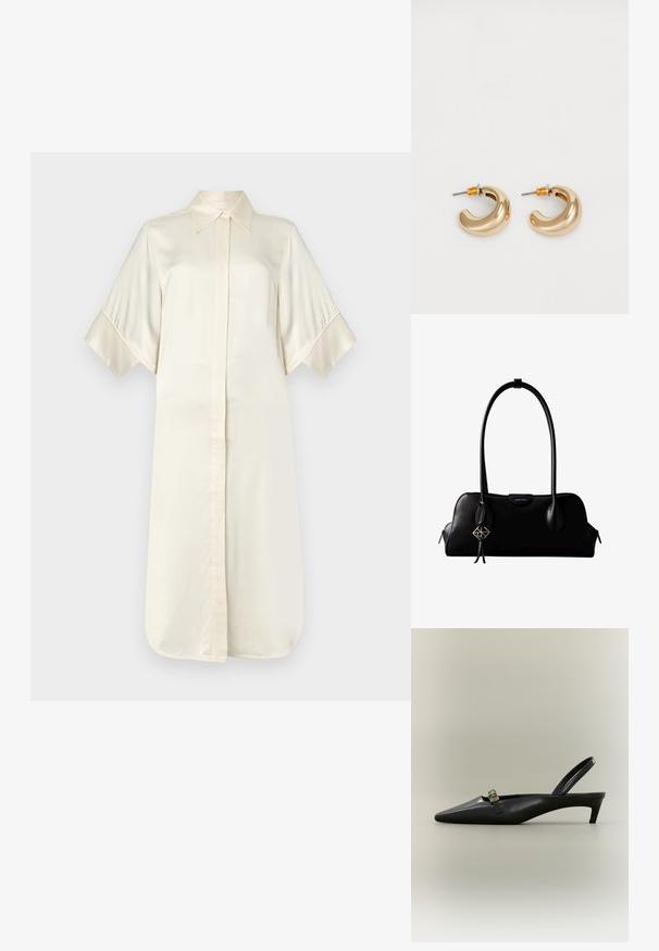 Ivory silk shirt dress with a classic collar, short wide sleeves, and a front button closure, featuring a smooth, glossy texture.; Musta nahkainen slingback-kissan korkokenkä, jossa on terävä kärki ja pieni kullanvärinen solki yksivärisellä taustalla.; Musta nahkainen Calvin Kleinin käsilaukku, jossa on pitkä olkahihna, vetoketjulliset sivut ja koristeellinen riipus roikkumassa yhdestä hihnasta.; Kaksi kiiltävää kultakoru hoop -korua kaarevassa muotoilussa, joissa on oranssit yksityiskohdat lähellä kiinnitykohtaa, vaalean valkoista taustaa vasten.