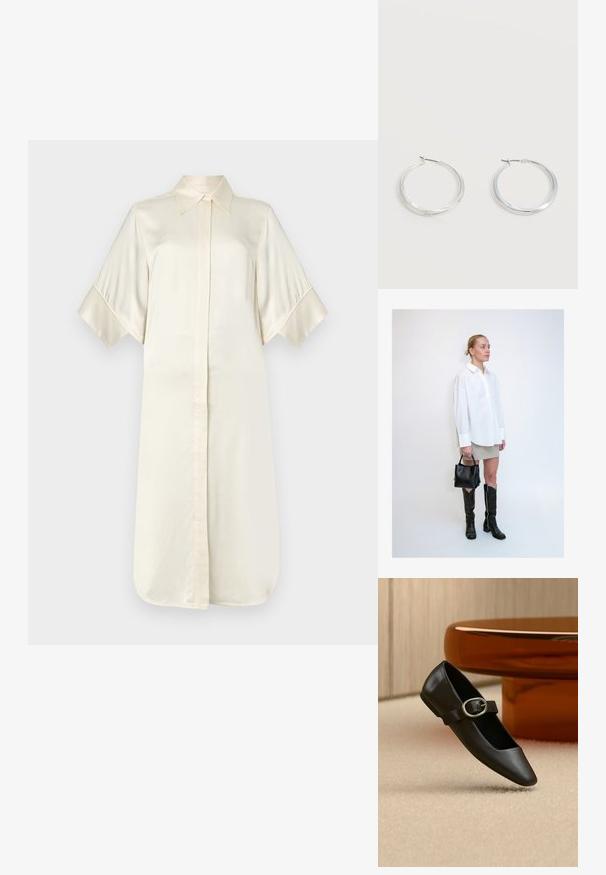 Ivory zijden jurk met een klassieke kraag, korte brede mouwen en een voorknopsluiting, met een gladde, glanzende textuur.; Zwarte leren Mary Jane platte schoen met zilveren gesp, getoond op een beige tapijt vlakbij een bruine ronde tafelpoot.; Vrouw met blond haar in een wit oversized overhemd, beige rok, zwarte kniehoge laarzen, een zwarte handtas vasthoudend, staand tegen een witte muur.; Zilverkleurige metalen creolen oorbellen met een glad, licht gebogen oppervlak en sluitingen met haaksluiting op een effen witte achtergrond.