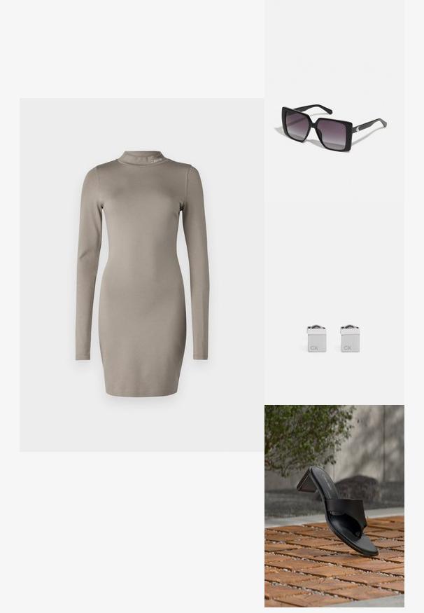 Dlhé rukávy béžových šiat s vysokým výstrihom vyrobené z mäkkého elastického materiálu. Má priliehavý strih a detail loga Calvin Klein pri golieri.; Čierna sandála Calvin Klein na podpätku s prstovou slučkou na drevenej dlažbe vonku pri strome a kamennom múre.; Čierne slnečné okuliare v štvorcovom tvare so sivými gradientovými šošovkami. Lesklé rámy s čistými líniami. Strieborný logotyp ako akcent na nožičkách.; Strieborné štvorcové manžetové gombíky s lesklým povrchom, na jednej strane s gravírovanými písmenami "CK" a s oblým detailom na vrchu.