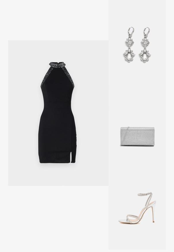 Vestido negro de corte halter con un diseño ajustado, escote adornado, abertura lateral y textura suave. Cuenta con un cierre trasero seguro.; Sándal de tacón alto plateado con tiras finas, adornado con strass, con un diseño elegante y una punta afilada.; Bolso de mano metálico plateado con diseño de malla trenzada, forma rectangular y una cadena para llevar. Textura suave y acabado pulido.; Pendientes de tono plateado que presentan múltiples piedras de cristal transparente en formas de lágrima y marquesa, con cierres de palanca y un detallado intrincado.