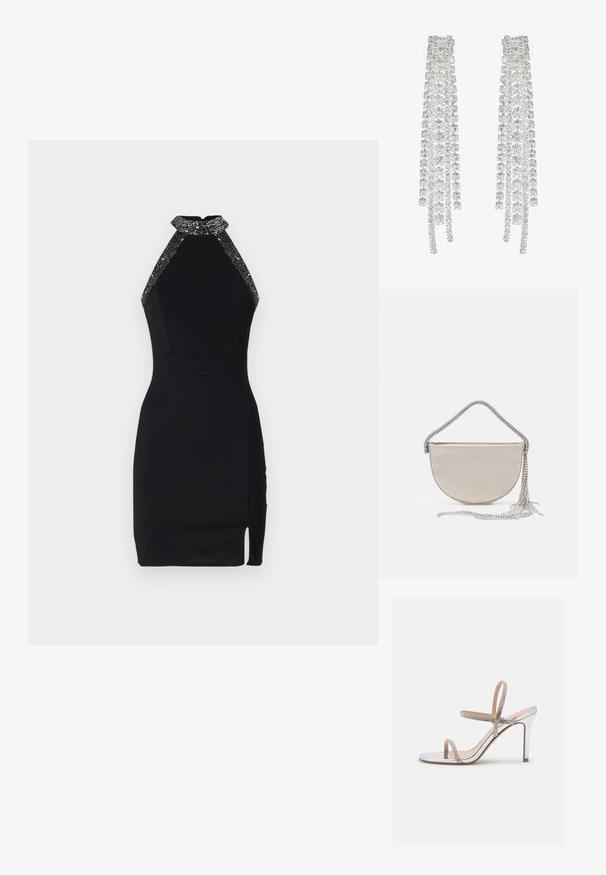 Vestido negro de corte halter con un diseño ajustado, escote adornado, abertura lateral y textura suave. Cuenta con un cierre trasero seguro.; Madden Girl WISE - Sandalias de tacón - silver; Bolso de mano en forma de media luna en satén beige con una cadena plateada brillante y detalle de flecos. Textura suave con diseño minimalista.; Pendientes largos de plata que presentan una variedad de cristales transparentes facetados en cascadas con diferentes longitudes y formas.