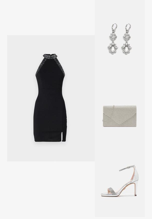 Vestido negro de corte halter con un diseño ajustado, escote adornado, abertura lateral y textura suave. Cuenta con un cierre trasero seguro.; Sandalia de tacón alto plateada con parte superior de charol brillante, tira de strass texturizada, correa de tobillo ajustable y diseño de punta abierta cuadrada.; Bolso de mano metálico plateado con diseño de sobre, embellecido con un patrón texturizado, que incluye una correa de cadena desmontable.; Pendientes de tono plateado que presentan múltiples piedras de cristal transparente en formas de lágrima y marquesa, con cierres de palanca y un detallado intrincado.