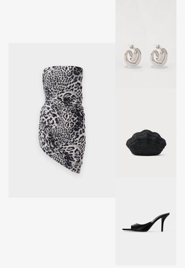 Stropfri minikjole i let, rynket stof med sort og grå leopardprint, med en draperet detalje i siden.; Sort læder åben tå højhælet mule med en slank stilet hæl, vist i sideprofil på en ensfarvet baggrund.; Sort flet håndtaske formet som en muslingeskal med en buet top og flettet tekstur på en ensfarvet baggrund.; Sølv metaløreringe med et svunget design, der har glatte overflader og en poleret finish, sikret med en sommerfugleklips.