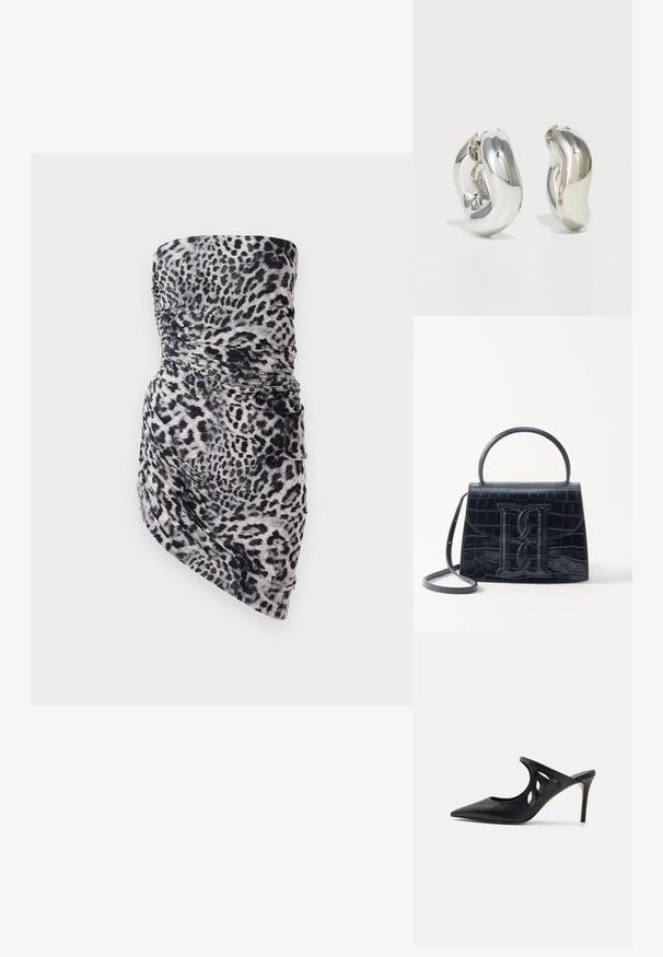 Stropfri minikjole i let, rynket stof med sort og grå leopardprint, med en draperet detalje i siden.; Sorte læder højhælede mules med spids tå, udskåret sideskærm og glat tekstur. Stiletthæl og subtil syning.; Sort krokodillede læderhandbag med en struktureret design, top-håndtag, justerbar rem og et fremtrædende frontlogo.; Sølvskulpturelle øreringe med glatte, buede former og reflekterende overflader. Har et lukket hoop-design og en markant organisk form.