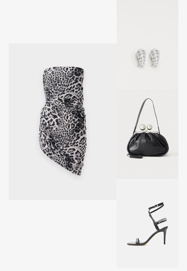 Stropfri minikjole i let, rynket stof med sort og grå leopardprint, med en draperet detalje i siden.; Sort højhælet sandal med tynd ankelrem, midtfodsrem dekoreret med sølvkædeled og åben tå-design.; Sort læderhåndtaske med opsamlet design, en enkelt rem, sølv metalramme og to store runde sølv lukninger.; Sølv clip-on øreringe med spiralmønster, der har en glat metallisk tekstur og runde former. Ingen synlige udsmykninger eller mønstre.