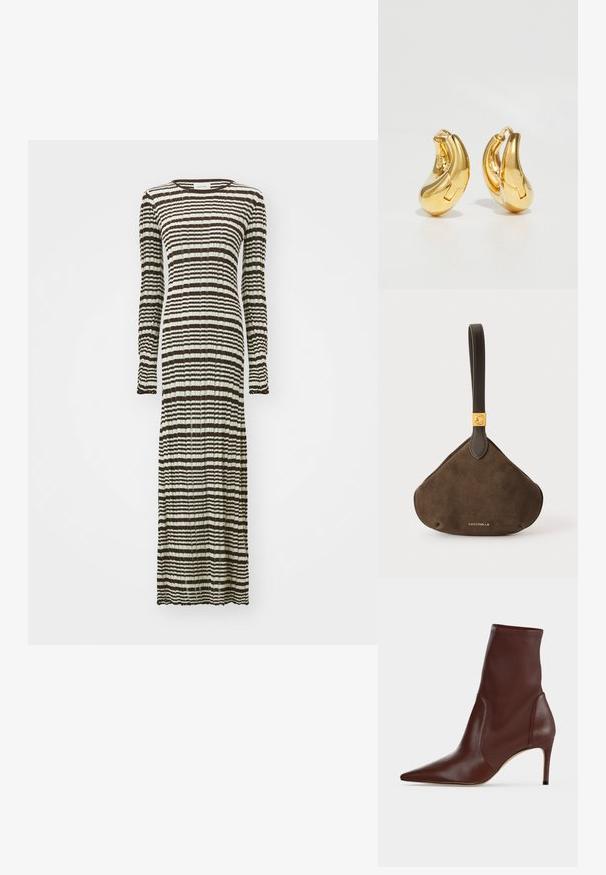Langes Kleid mit langen Ärmeln, das ein gestreiftes Muster in Dunkelbraun und Creme aufweist. Hergestellt aus einem strukturierten, plissierten Stoff.; Dunkelbrauner Lederstiefelette mit spitzer Spitze und schlankem hohen Absatz vor einem schlichten hellen Hintergrund.; Braune Wildleder-Armbandtasche mit dreieckiger Form, dunklem Lederband, goldener Schnalle und "Coccinelle" Logo auf der Vorderseite.; Goldene Creolen mit einer glatten, geschwungenen Form und polierter Oberfläche. Mit einem Verschlussmechanismus und leichten Einkerbungen für Details.
