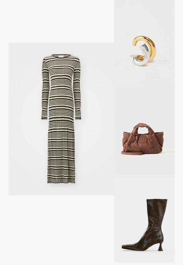 Langes Kleid mit langen Ärmeln, das ein gestreiftes Muster in Dunkelbraun und Creme aufweist. Hergestellt aus einem strukturierten, plissierten Stoff.; Schwarzer Lederstiefel bis zur Mitte der Wade mit quadratischer Spitze und ausgestelltem Blockabsatz auf weißem Hintergrund.; Weiche braune Lederhandtasche mit kurzen Griffen, einem vorne aufgenähten Logo und einem abnehmbaren langen Riemen auf schlichtem hellem Hintergrund.; Zwei ineinandergreifende Ohrringe, einer aus Gold und einer aus Silber, gestempelt mit Ag925, auf einem weißen Hintergrund dargestellt.