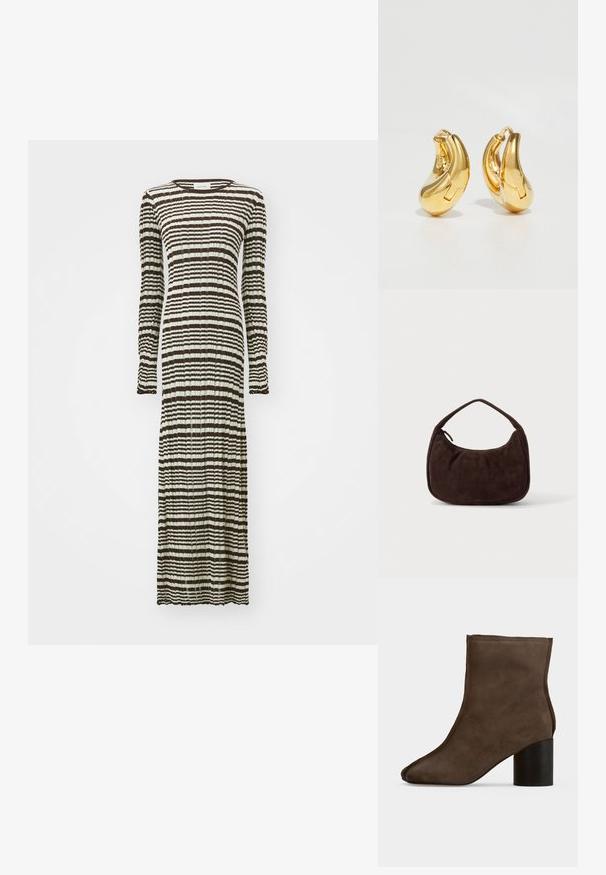 Robe longue à manches longues, ornée d'un motif rayé en marron foncé et crème. Fabriquée en tissu texturé et plissé.; Bottine en daim marron foncé avec talon bloc cylindrique noir et bout arrondi, vue de profil sur un fond uni.; Sac à main en daim marron foncé avec une courte sangle et une forme rectangulaire arrondie sur un fond uni clair.; Boucles d'oreilles en or en forme de d'anneaux lisses et courbés avec une finition polie. Équipées d'un mécanisme de fermeture et de légères indentations pour le détail.