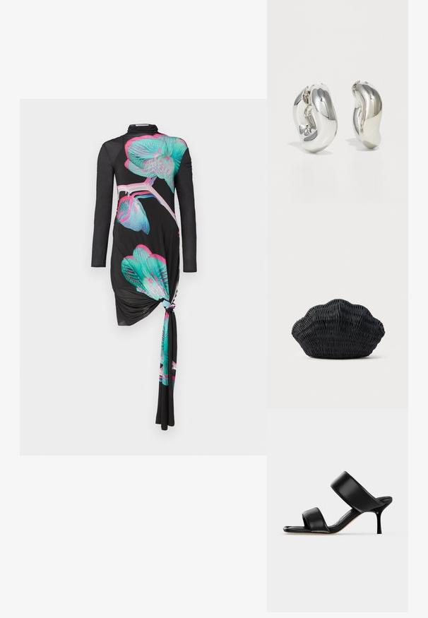 Vestido negro de manga larga con detalle de nudo en un lado, con patrones de orquídeas multicolores en turquesa y rosa, de textura suave.; Sandalia mule de cuero negro con dos tiras anchas y un tacón de aguja delgado de altura media sobre un fondo claro y sencillo.; Bolso de mimbre negro con forma de concha de vieira con parte superior curva y textura tejida sobre un fondo liso.; Pendientes escultóricos de plata con formas suaves y curvas y superficies reflectantes. Presentan un diseño de aro cerrado y una forma orgánica distintiva.