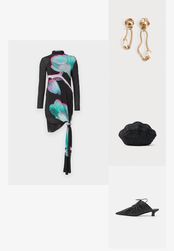 Robe noire à manches longues avec un détail de nœud sur un côté, ornée de motifs d'orchidées multicolores en turquoise et rose, au toucher lisse.; Mules noirs en cuir à enfiler avec un bout pointu, une texture froncée et un petit talon aiguille. Présente un détail à cordon au niveau de l'ouverture.; Sac à main en osier noir en forme de coquille Saint-Jacques avec un dessus courbé et une texture tressée sur un fond uni.; Boucles d'oreilles en ton doré avec des formes ouvertes irrégulières, chacune ornée d'une perle en bas et de détails en pierres précieuses sur les clous ronds.