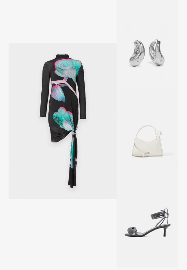 Robe noire à manches longues avec un détail de nœud sur un côté, ornée de motifs d'orchidées multicolores en turquoise et rose, au toucher lisse.; Sandale à talon en cuir gris avec une bride nouée sur les orteils et des lacets enroulants autour de la cheville, sur un talon moyen et fin, sur fond blanc.; Sac à main en cuir blanc avec une forme incurvée, orné de petites clous blancs le long de la poignée. Il dispose d'une longue sangle et d'un logo embossé à l'avant.; Boucles d'oreilles en argent en forme de créoles avec une finition incurvée et brillante, et un design sans couture. Équipées d'une fermeture à charnière pour un port sécurisé.