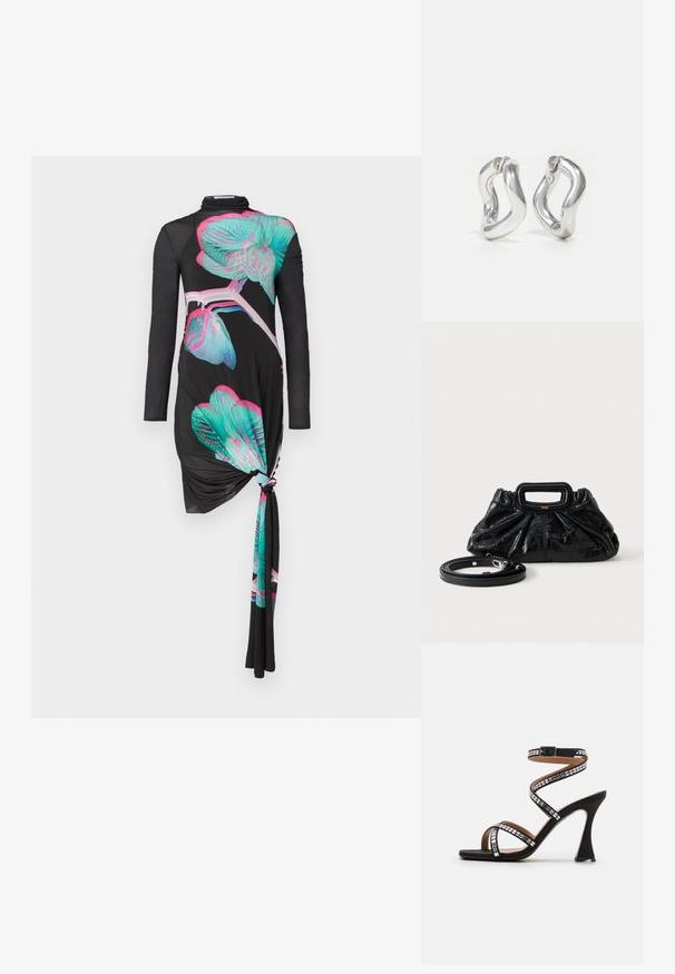 Vestido negro de manga larga con detalle de nudo en un lado, con patrones de orquídeas multicolores en turquesa y rosa, de textura suave.; Sandalia negra de tacón alto con tira de tobillo en espiral, decorada con acentos metálicos cuadrados, punta abierta y un diseño de tacón curvado elegante.; Bolso pequeño de cuero negro con textura fruncida, asa rectangular y correa de hombro delgada y desmontable colocada al lado.; Pendientes de aro plateados con un diseño retorcido. Bordes redondeados y acabado brillante. Cierres abiertos para un fácil uso. Textura suave en toda la superficie.