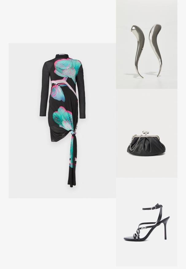 Zwarte lange mouw jurk met een knoopdetail aan de zijkant, versierd met kleurrijke orchideeënpatronen in turquoise en roze, met een gladde textuur.; Zwarte high-heeled sandaal met dunne bandjes, enkelgesp en een metalen logodetail aan het zijbandje, afgebeeld tegen een witte achtergrond.; Zwarte leren clutch met geplooide textuur, zilverkleurig metalen frame, drukknopsluiting en kettingriem. Glad, zacht oppervlak.; Metalen zilveren oorbellen met een slanke, langwerpige vorm, voorzien van een gladde oppervlakte en een gebogen ontwerp dat naar een puntige uiteinde toeloopt.