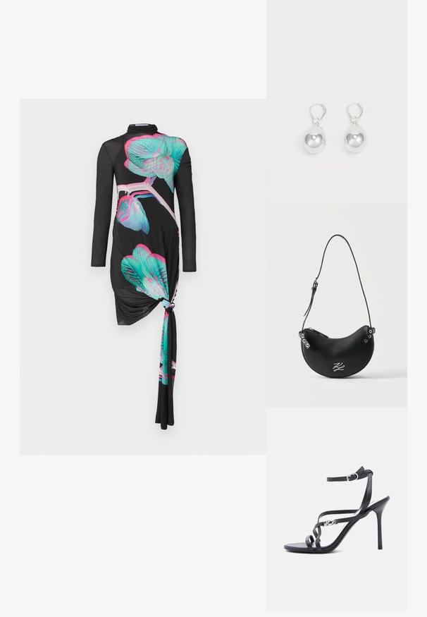 Robe noire à manches longues avec un détail de nœud sur un côté, ornée de motifs d'orchidées multicolores en turquoise et rose, au toucher lisse.; Sandale à talon noir avec fines lanières, boucle à la cheville et détail logo en métal sur la lanière latérale, sur fond blanc.; Sac à bandoulière en cuir noir en forme de croissant avec une fine bandoulière réglable et un petit logo argenté à l'avant.; Boucles d'oreilles en argent en forme de goutte avec des surfaces lisses, rondes et réfléchissantes, suspendues à des fermoirs à ressort. L'arrière-plan est blanc uni.