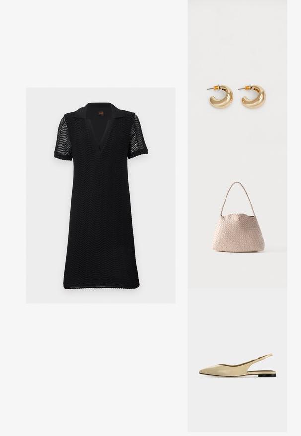 Robe noire à manches courtes avec motif en vagues texturé, col en V ouvert et tissu tricoté semi-transparent sur les manches et le corps.; Chaussure plate beige à bout pointu avec bride arrière, petit talon noir et finition en cuir lisse, vue de côté sur un fond uni.; Sac d'épaule en cuir tissé beige avec une forme arrondie et une anse tressée, doté d'une petite fermeture à bouton en cuir circulaire.; Deux boucles d'oreilles en forme de cerceau en or brillant, avec un design courbé, présentant des accents orange près de la tige, sur fond blanc uni.