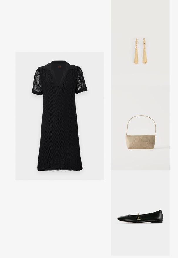 Robe noire à manches courtes avec motif en vagues texturé, col en V ouvert et tissu tricoté semi-transparent sur les manches et le corps.; Chaussure plate en cuir noir avec une petite chaîne dorée et un détail barre sur le dessus, bout arrondi et talon bas.; Sac à main tissé beige avec fine bandoulière et petit logo doré "BOSS" à l'avant, présenté sur fond blanc uni.; Boucles d'oreilles pendantes en ton or avec des pendentifs lisses en forme de goutte allongée suspendus à de petites attaches en forme d'anneau sur un fond blanc.