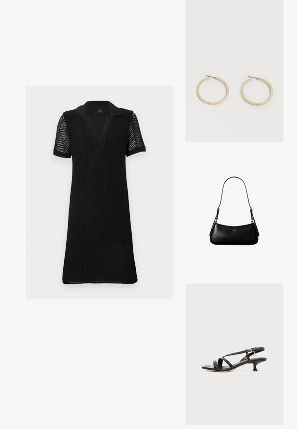 Robe noire à manches courtes avec motif en vagues texturé, col en V ouvert et tissu tricoté semi-transparent sur les manches et le corps.; Sandale noire en cuir à brides fines, talon bas kitten, boucle à la cheville et petit pendentif doré sur fond clair uni.; Mini sac à bandoulière en cuir noir avec une fine bandoulière et un petit logo CK doré au centre avant.; Paire de boucles d'oreilles créoles moyennes lisses ton or avec fermoirs à charnière sur fond clair uni.