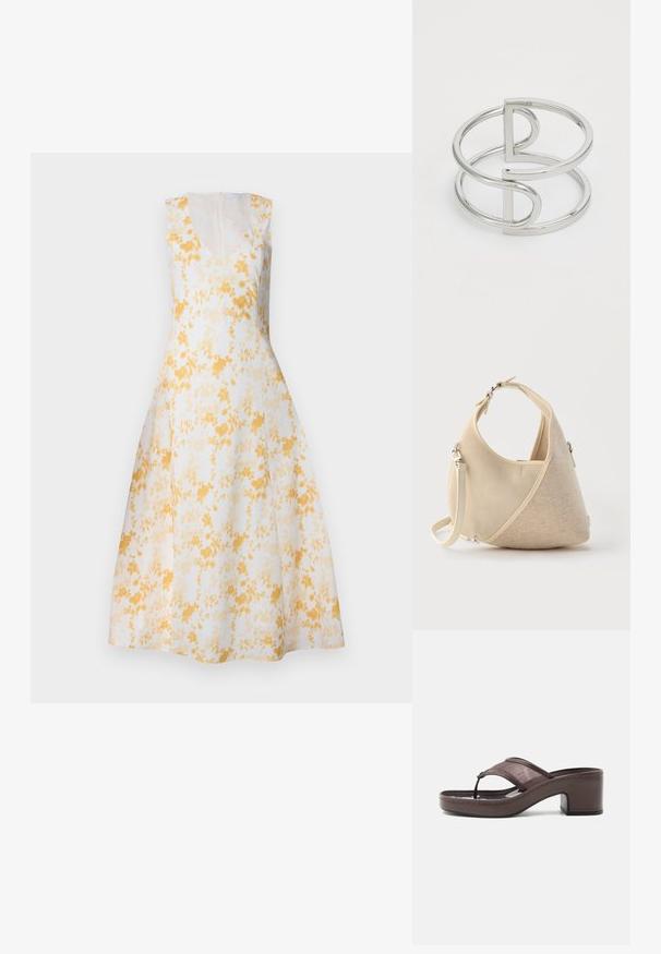 Robe sans manches en V blanche avec un motif floral jaune. Forme évasée, longueur genou, avec une fermeture éclair dissimulée à l'arrière et une texture lisse.; Sandale marron à talon avec lanière en mesh et design en tige, dotée d'un talon bloc et d'une semelle cousue, présentée de profil sur fond blanc.; Sac à main beige en forme de croissant avec textures de tissus mélangées, poignée courte et bandoulière amovible, sur fond clair.; Bracelet en métal argenté avec un design à double boucle, fini lisse et brillant, et un accent géométrique minimaliste.