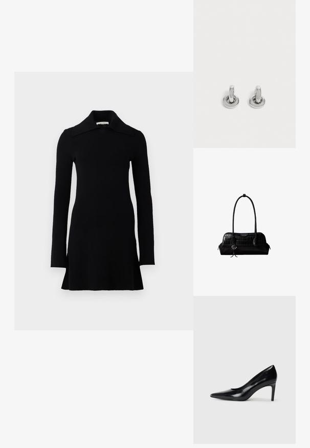 Zwarte lange mouw mini-jurk met een brede kraag, aansluitende taille en licht uitlopende zoom, weergegeven op een witte achtergrond.; Zwarte leren hoge hak met een spitse neus, een gladde textuur en een tapse hak. Minimalistisch ontwerp, geen extra versieringen.; Zwarte schoudertas van leer met krokodillenstructuur, lange banden en een klein zilveren logohanger aan één band.; Een paar kleine, glanzende zilveren creolen met een ronde basis, afgebeeld op een effen lichte achtergrond.